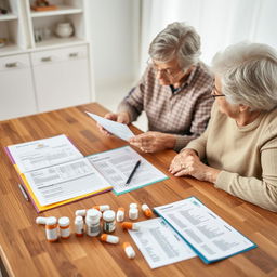 An image of a neatly organized table with medical documentation, health history, and a clearly labeled set of medications