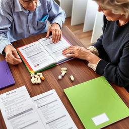 An image of a neatly organized table with medical documentation, health history, and a clearly labeled set of medications