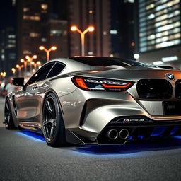 a customized BMW M8 with aggressive bodykits, sleek aerodynamic enhancements, low-profile tires, and a distinctive rear spoiler