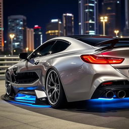 a customized BMW M8 with aggressive bodykits, sleek aerodynamic enhancements, low-profile tires, and a distinctive rear spoiler