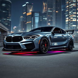 a customized BMW M8 with aggressive bodykits, sleek aerodynamic enhancements, low-profile tires, and a distinctive rear spoiler