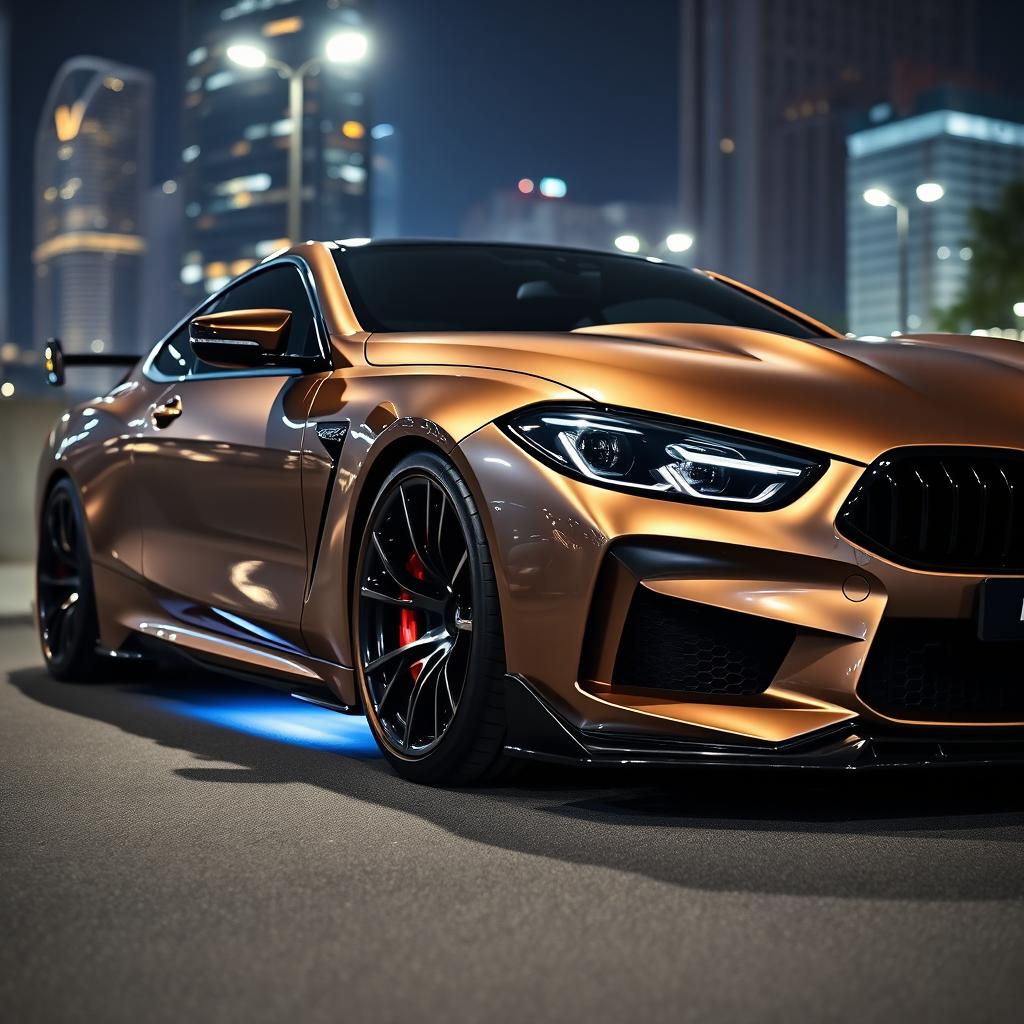 a customized BMW M8 with aggressive bodykits, sleek aerodynamic enhancements, low-profile tires, and a distinctive rear spoiler