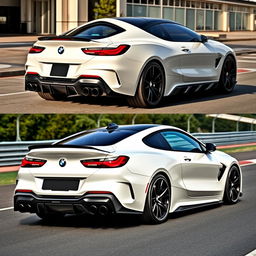 a BMW M8 customized with an aggressive, aerodynamic body kit featuring redesigned bumpers, carbon fiber accents, and matte black alloy wheels