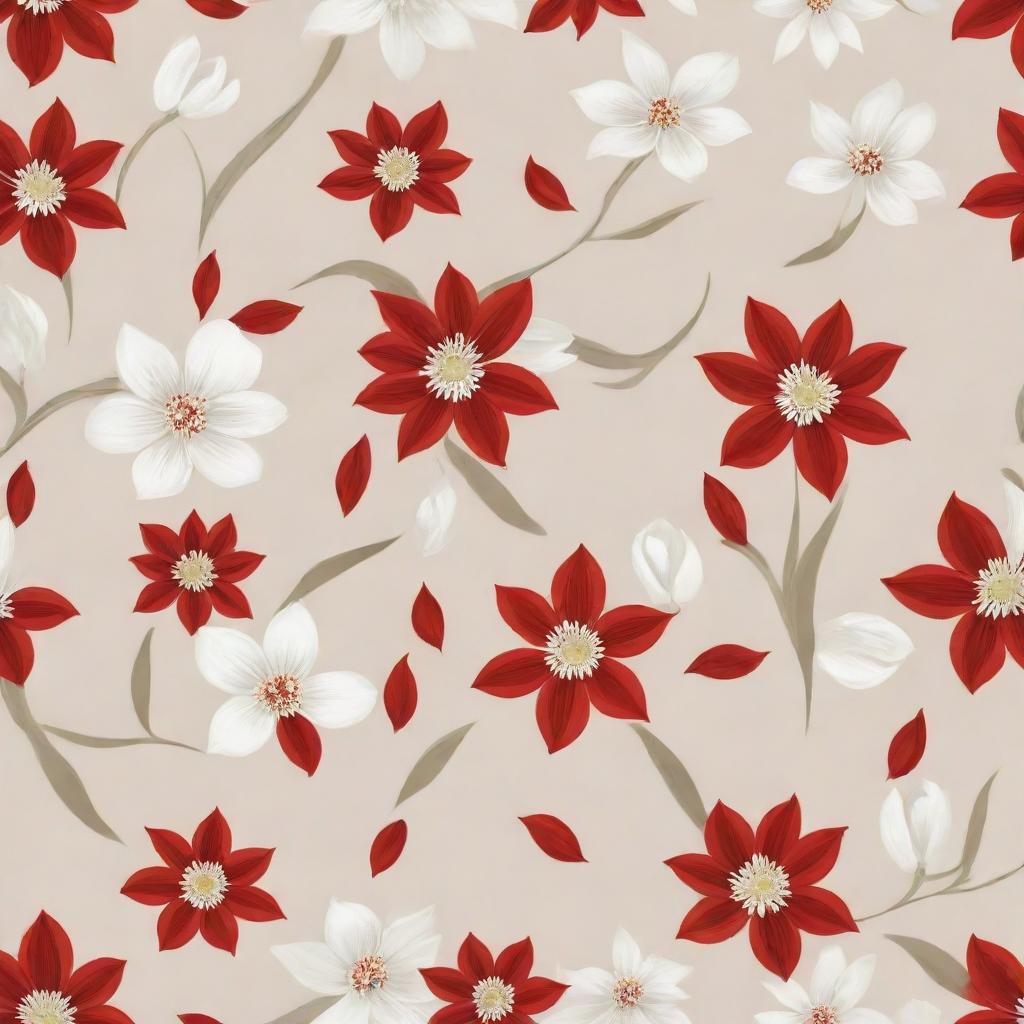 Elegant pattern depicting a bloom of white and red flowers on a neutral background