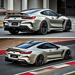 a BMW M8 customized with an aggressive, aerodynamic body kit featuring redesigned bumpers, carbon fiber accents, and matte black alloy wheels