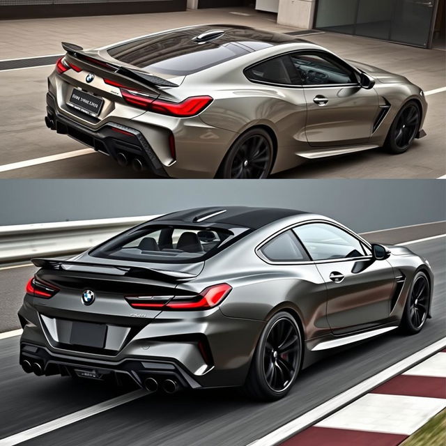 a BMW M8 customized with an aggressive, aerodynamic body kit featuring redesigned bumpers, carbon fiber accents, and matte black alloy wheels