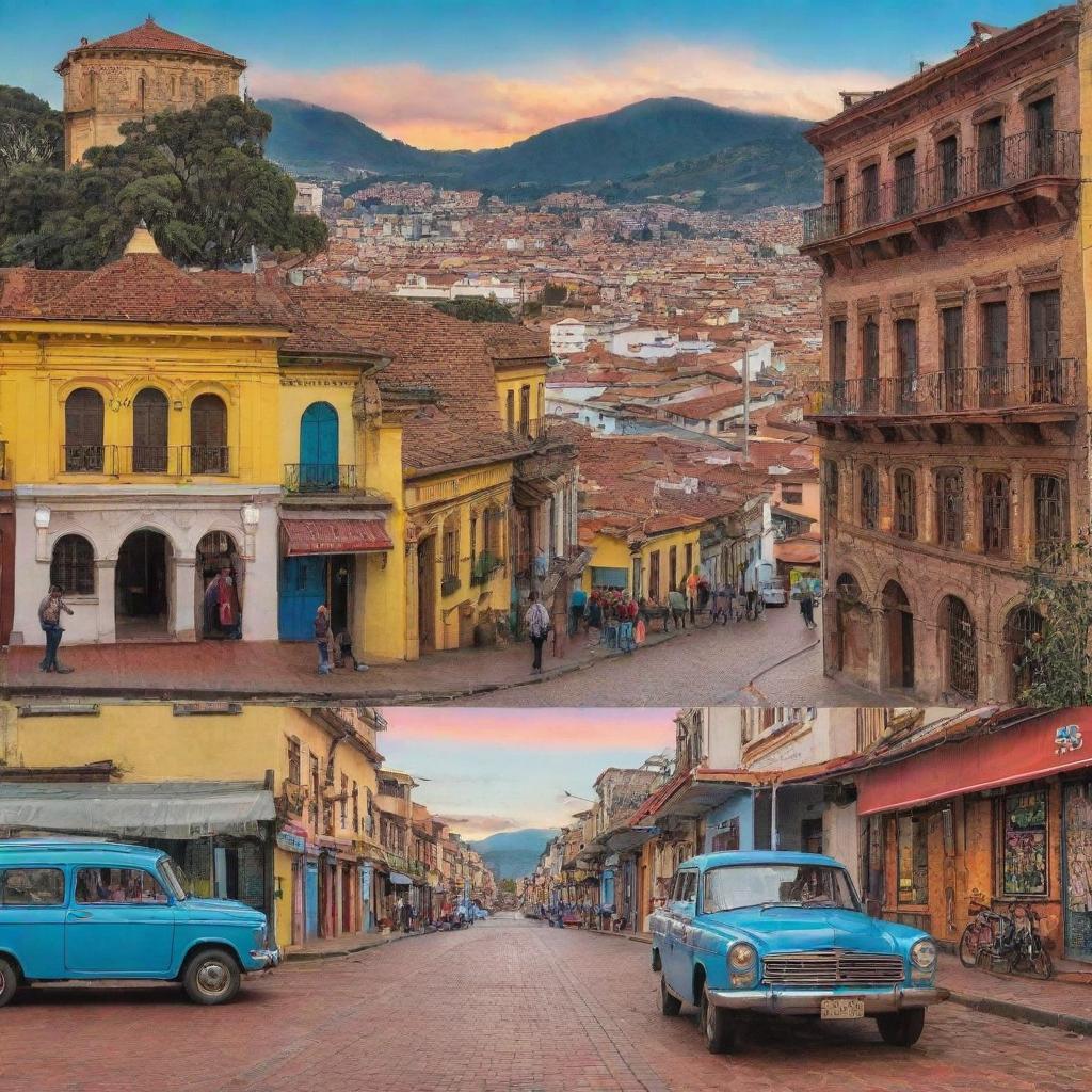 An intricate triptych art piece showcasing the daily life in Bogota, Colombia from dawn to dusk. Include local architecture, street life, and vibrant cultures in each panel.