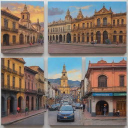 An intricate triptych art piece showcasing the daily life in Bogota, Colombia from dawn to dusk. Include local architecture, street life, and vibrant cultures in each panel.