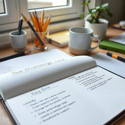 An image showing an organized workspace with an open notebook containing a handwritten summary of key points for the post-discharge care of elderly people