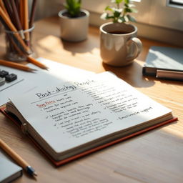 An image showing an organized workspace with an open notebook containing a handwritten summary of key points for the post-discharge care of elderly people