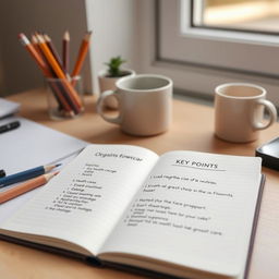 An image showing an organized workspace with an open notebook containing a handwritten summary of key points for the post-discharge care of elderly people