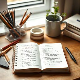 An image showing an organized workspace with an open notebook containing a handwritten summary of key points for the post-discharge care of elderly people