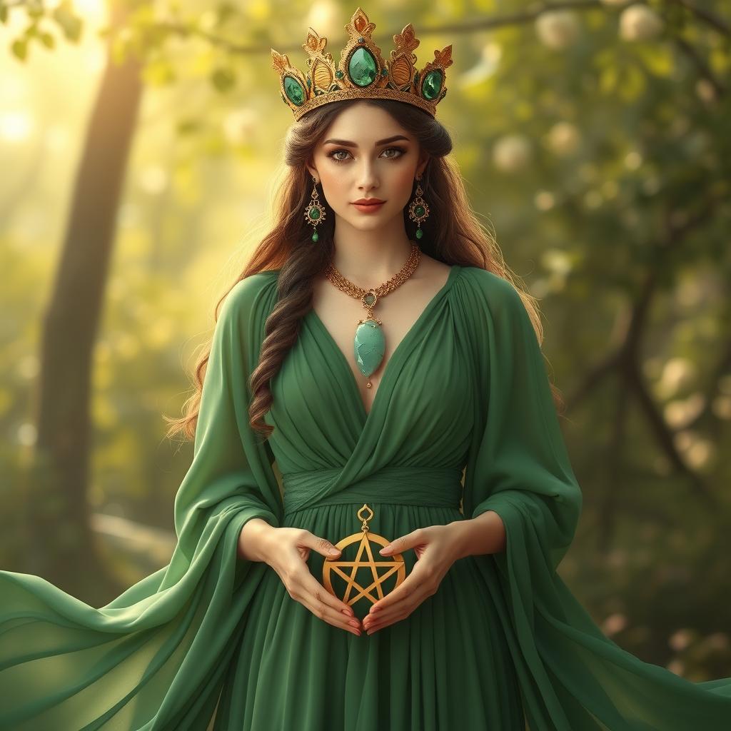 A captivating goddess of romance, elegantly clad in a green flowing dress that symbolizes love, vitality, and renewal