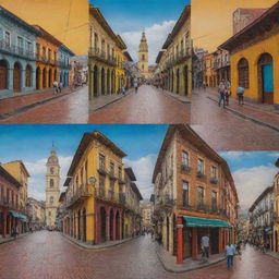 An intricate triptych art piece showcasing the daily life in Bogota, Colombia from dawn to dusk. Include local architecture, street life, and vibrant cultures in each panel.