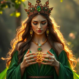 A captivating goddess of romance, elegantly clad in a green flowing dress that symbolizes love, vitality, and renewal