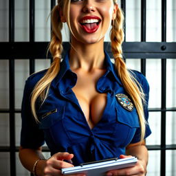 Extreme close-up of a gorgeous police officer with blond pigtails