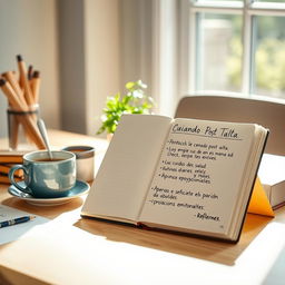 Una imagen mostrando una mesa de trabajo organizada con un cuaderno abierto que contiene un resumen escrito a mano de los puntos clave del cuidado post alta de adultos mayores