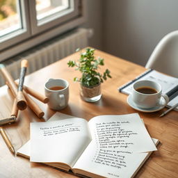 Una imagen mostrando una mesa de trabajo organizada con un cuaderno abierto que contiene un resumen escrito a mano de los puntos clave del cuidado post alta de adultos mayores