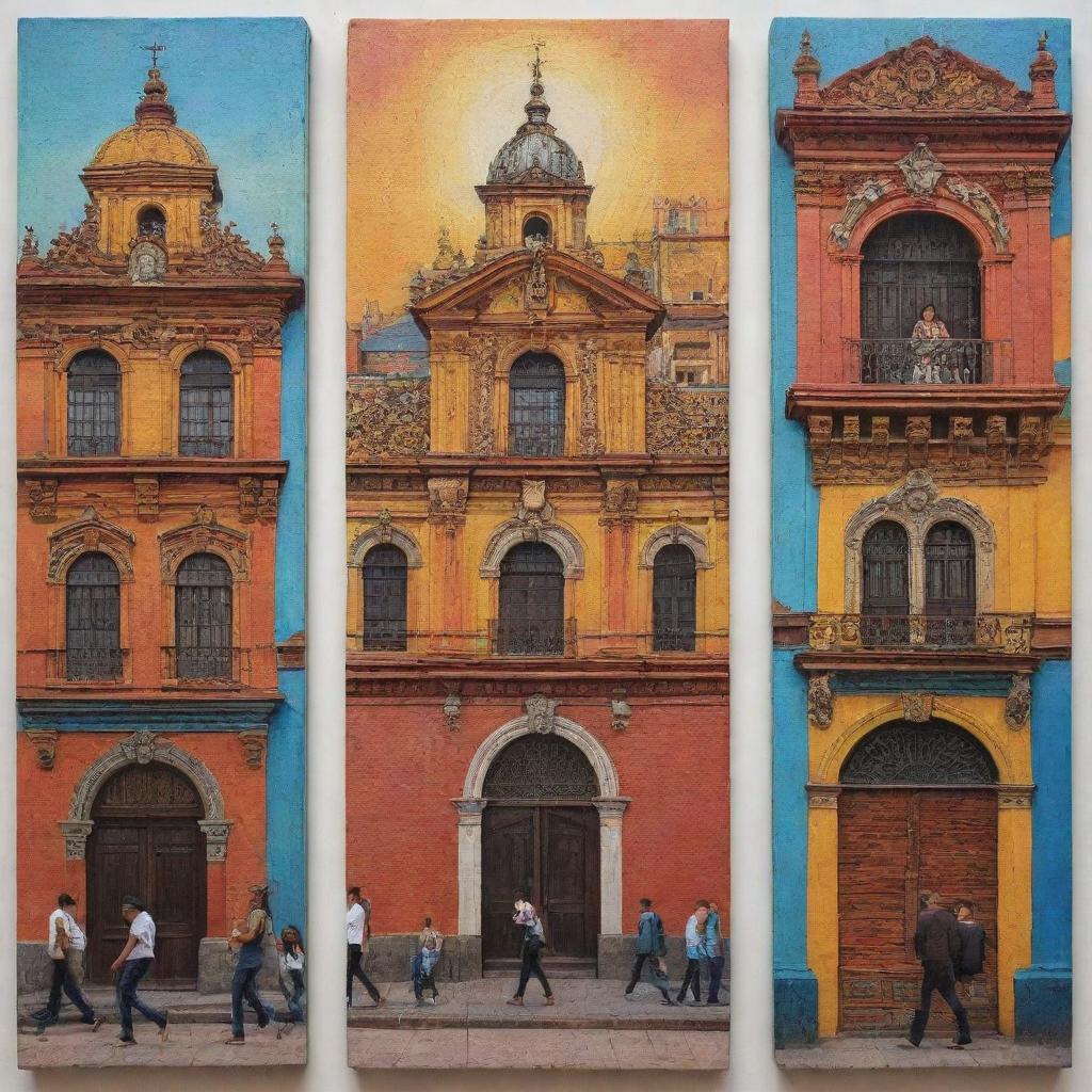 An intricate triptych art piece showcasing the daily life in Bogota, Colombia from dawn to dusk. Include local architecture, street life, and vibrant cultures in each panel.