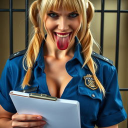 Extreme close-up of a gorgeous police officer with blond pigtails