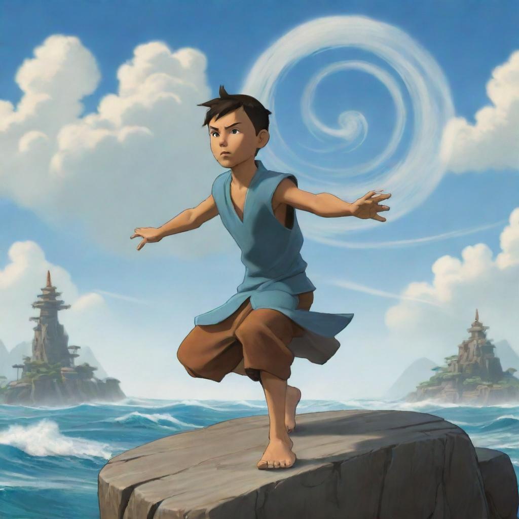 A youthful airbender masterfully controlling the winds at the majestic Air Temple Island, rendered in the stylized animation detail similar to The Legend of Korra.