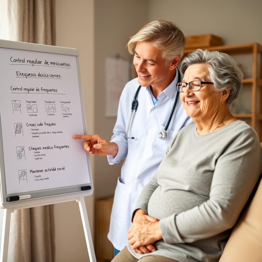 An image of a caregiver reviewing a list of recommendations with a smiling elderly person