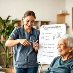 An image of a caregiver reviewing a list of recommendations with a smiling elderly person