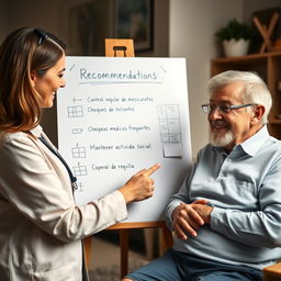 An image of a caregiver reviewing a list of recommendations with a smiling elderly person