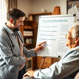 An image of a caregiver reviewing a list of recommendations with a smiling elderly person