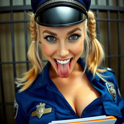 An extreme close-up of a gorgeous police officer with blond pigtails, wearing a blue uniform shirt tied in the front