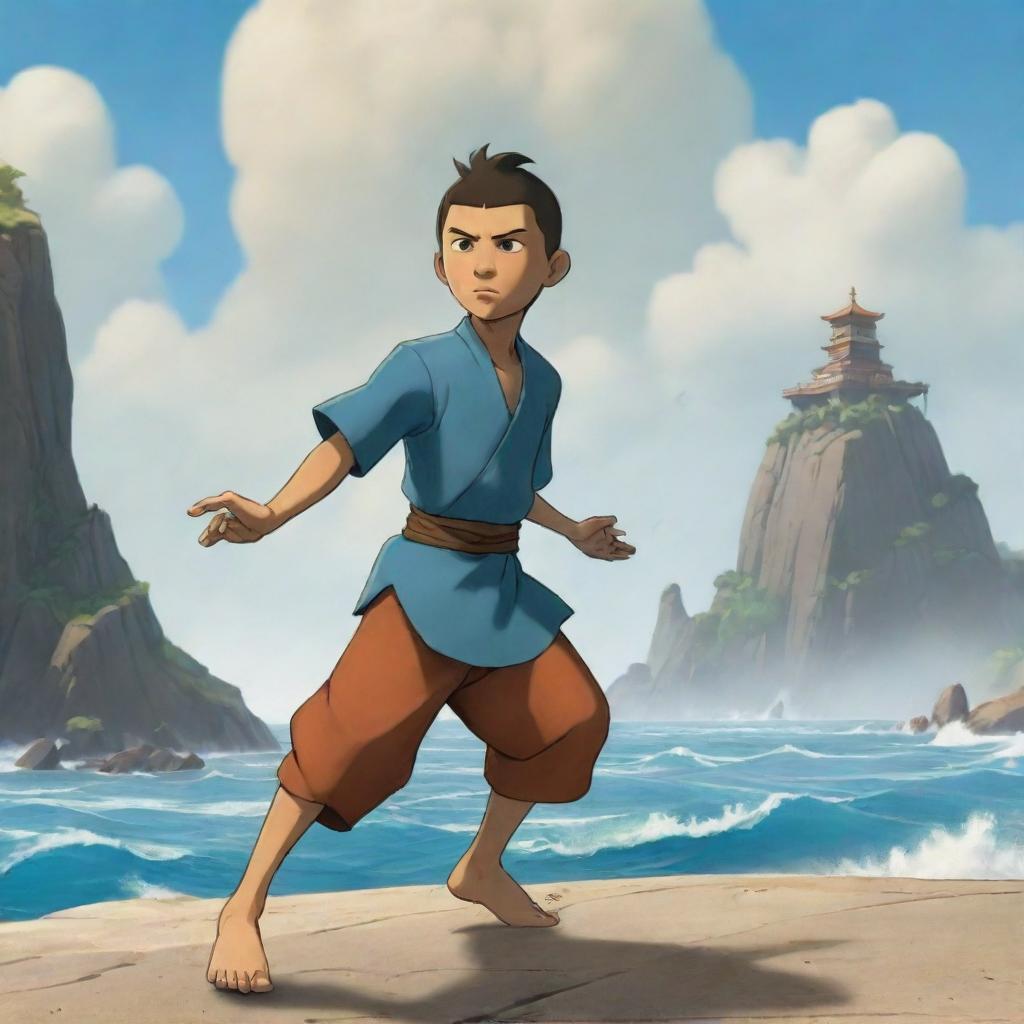 A youthful airbender masterfully controlling the winds at the majestic Air Temple Island, rendered in the stylized animation detail similar to The Legend of Korra.