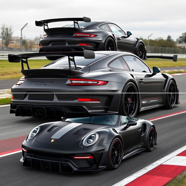 a Porsche GT3 RS customized with an aggressive, aerodynamic body kit featuring redesigned bumpers, carbon fiber accents, and matte black alloy wheels