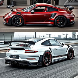 a Porsche GT3 RS customized with an aggressive, aerodynamic body kit featuring redesigned bumpers, carbon fiber accents, and matte black alloy wheels