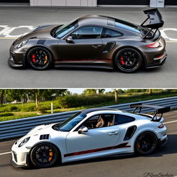 a Porsche GT3 RS customized with an aggressive, aerodynamic body kit featuring redesigned bumpers, carbon fiber accents, and matte black alloy wheels