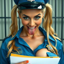 An extreme close-up of a gorgeous police officer with blond pigtails, wearing a blue uniform shirt tied in the front