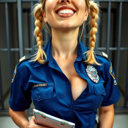 An extreme close-up of a gorgeous police officer with blond pigtails, wearing a blue uniform shirt tied in the front