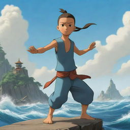 A youthful airbender masterfully controlling the winds at the majestic Air Temple Island, rendered in the stylized animation detail similar to The Legend of Korra.