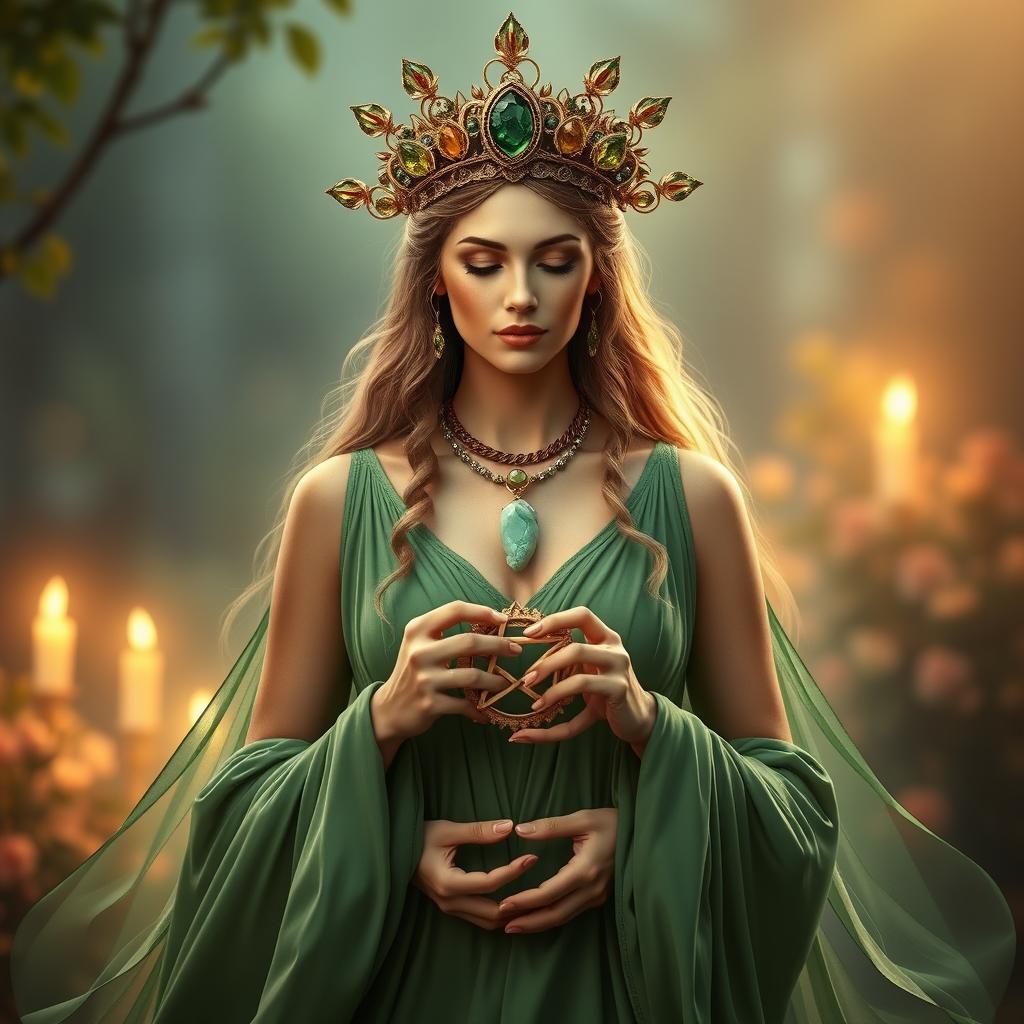 A captivating goddess of romance, elegantly clad in a green flowing dress that symbolizes love, vitality, and renewal