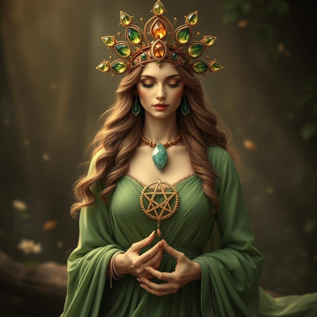 A captivating goddess of romance, elegantly clad in a green flowing dress that symbolizes love, vitality, and renewal