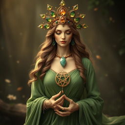 A captivating goddess of romance, elegantly clad in a green flowing dress that symbolizes love, vitality, and renewal