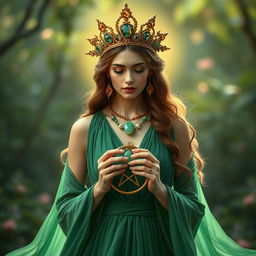 A captivating goddess of romance, elegantly clad in a green flowing dress that symbolizes love, vitality, and renewal