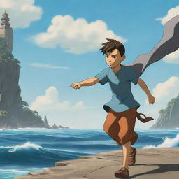 A youthful airbender masterfully controlling the winds at the majestic Air Temple Island, rendered in the stylized animation detail similar to The Legend of Korra.