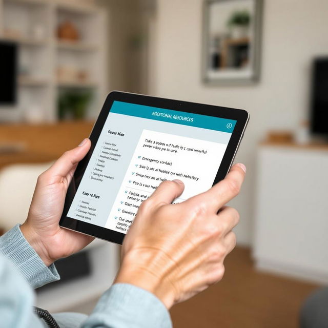 An image showing a tablet in the hand of an elderly person, with the screen displaying a guide of additional resources for their care