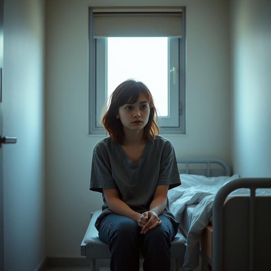 A scene depicting a young woman in a mental hospital, portraying the complex emotions associated with schizophrenia