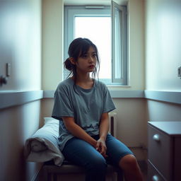 A scene depicting a young woman in a mental hospital, portraying the complex emotions associated with schizophrenia