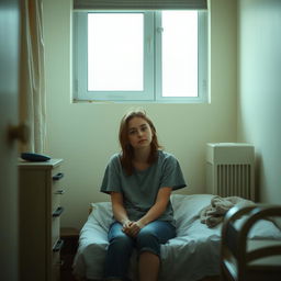 A scene depicting a young woman in a mental hospital, portraying the complex emotions associated with schizophrenia