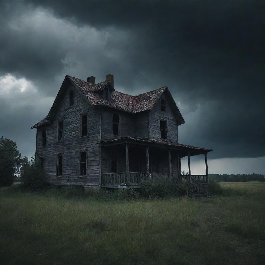 A dark, creepy, abandoned house under a stormy sky, steering a chilling atmosphere of unease and terror