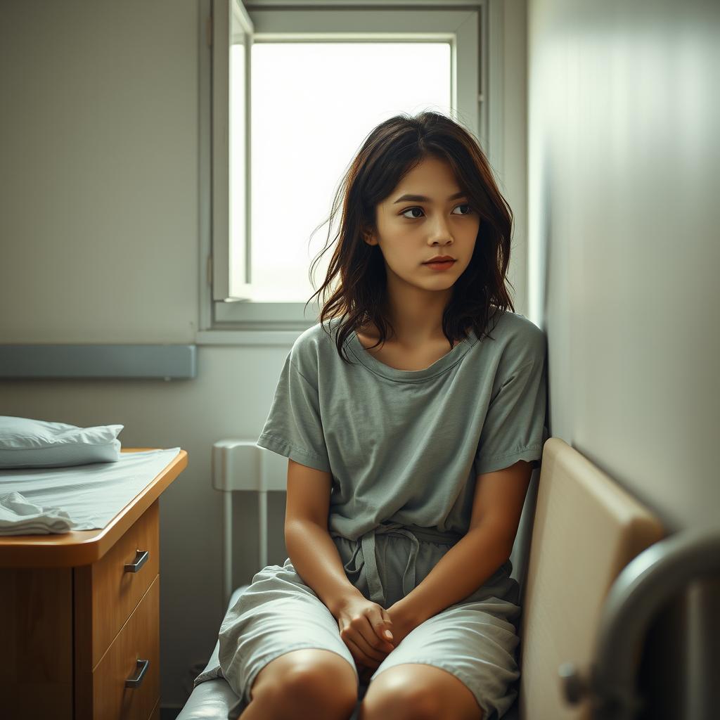 A scene depicting a young woman in a mental hospital, portraying the complex emotions associated with schizophrenia