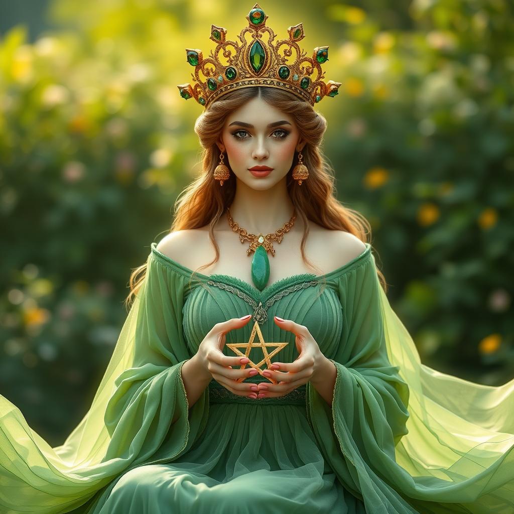 A captivating goddess of romance, elegantly clad in a green flowing dress that symbolizes love, vitality, and renewal