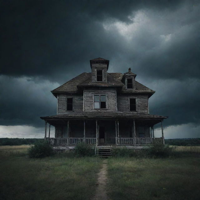 A dark, creepy, abandoned house under a stormy sky, steering a chilling atmosphere of unease and terror